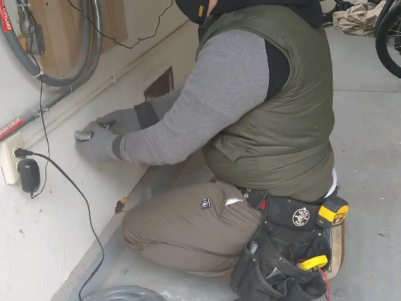 Electrician performing outlet wiring in a Little River garage